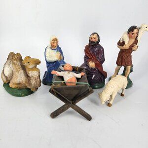 Vint Italy Nativity Figurines Set Chalkware 7pc Manger Camel Sheep Baby Cradle
